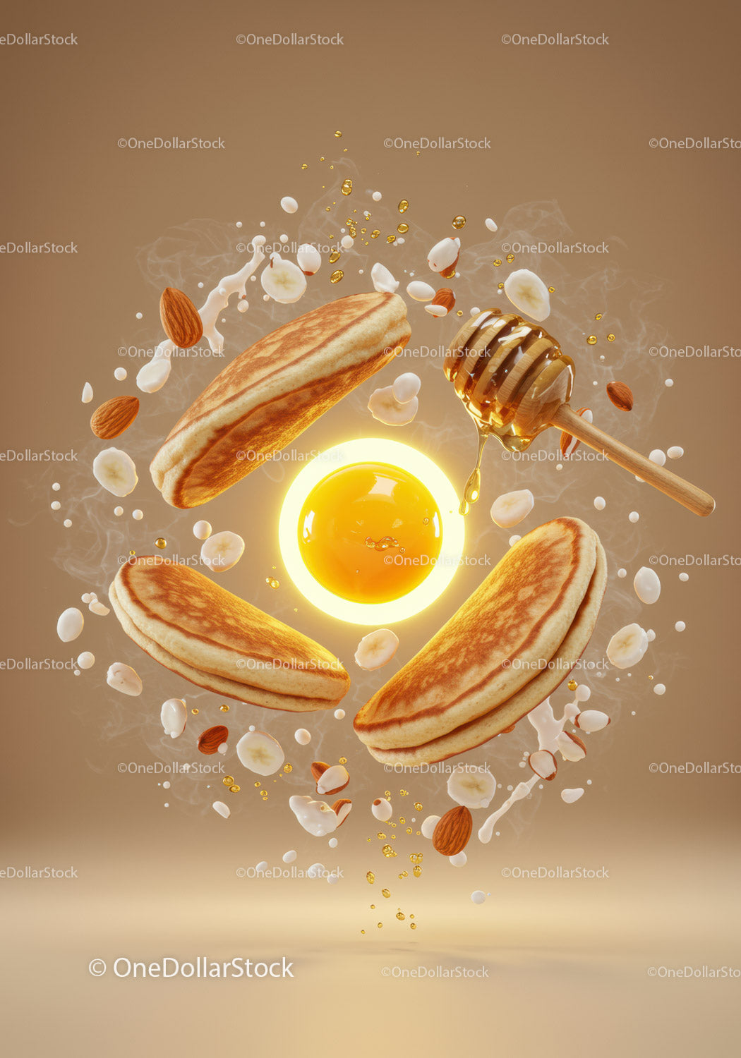 Golden Pancakes with Honey and Fresh Ingredients in Air