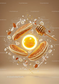 Golden Pancakes with Honey and Fresh Ingredients in Air