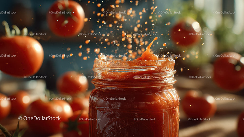 Fresh Tomato Sauce Splash in a Rustic Kitchen Scene