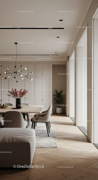 Modern dining room with elegant lighting and decor