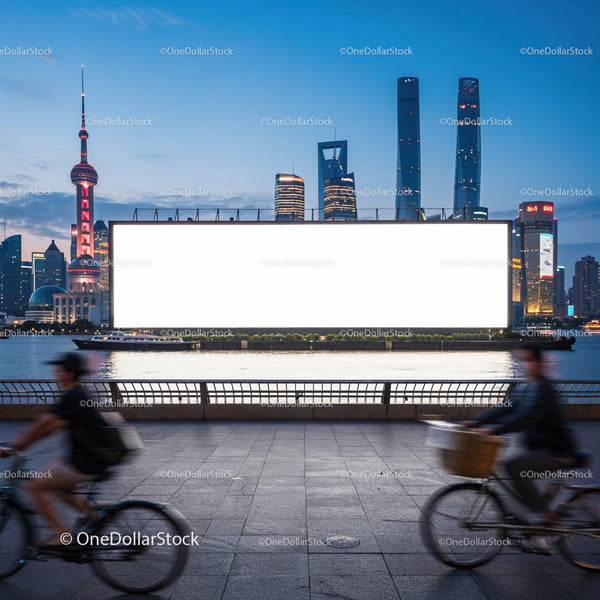 Evening cityscape with cyclists and large billboard by river JPG Mockup Image