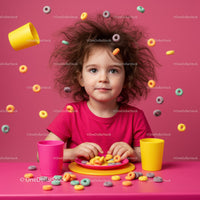 Little girl with curly hair enjoying colorful cereal fun