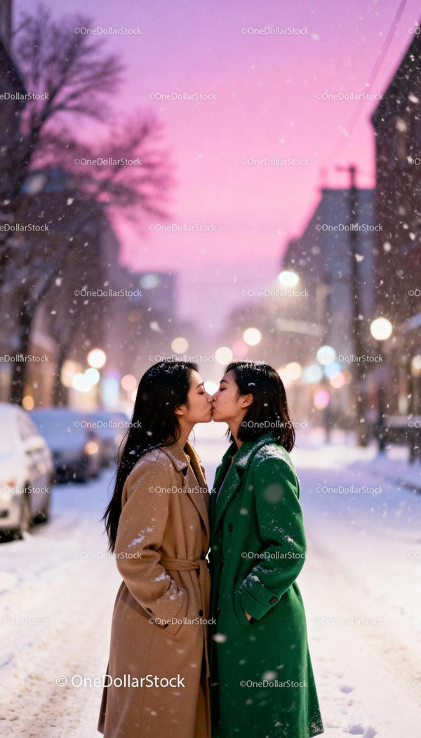 Couple sharing a tender kiss on snowy city street