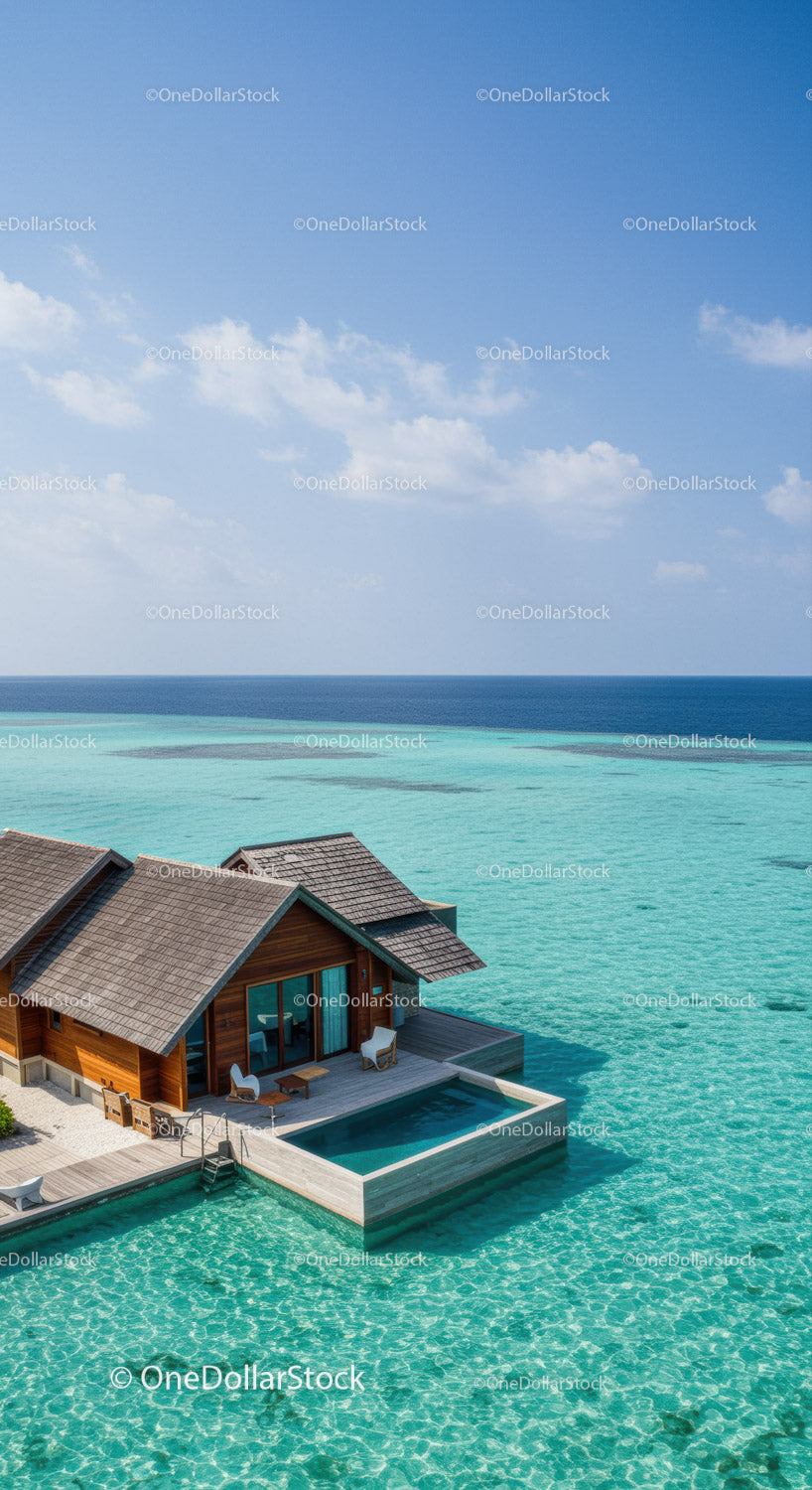 Luxury Overwater Bungalow with Infinity Pool Over Turquoise Ocean