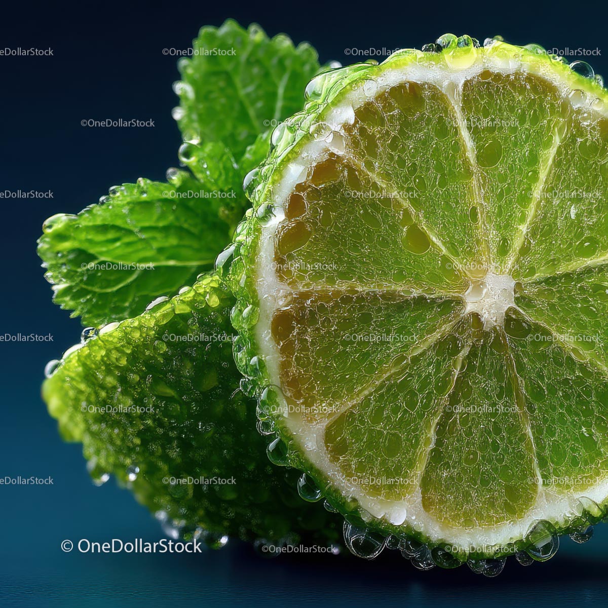 Close-Up of Fresh Lime with Mint Leaf and Water Droplets
