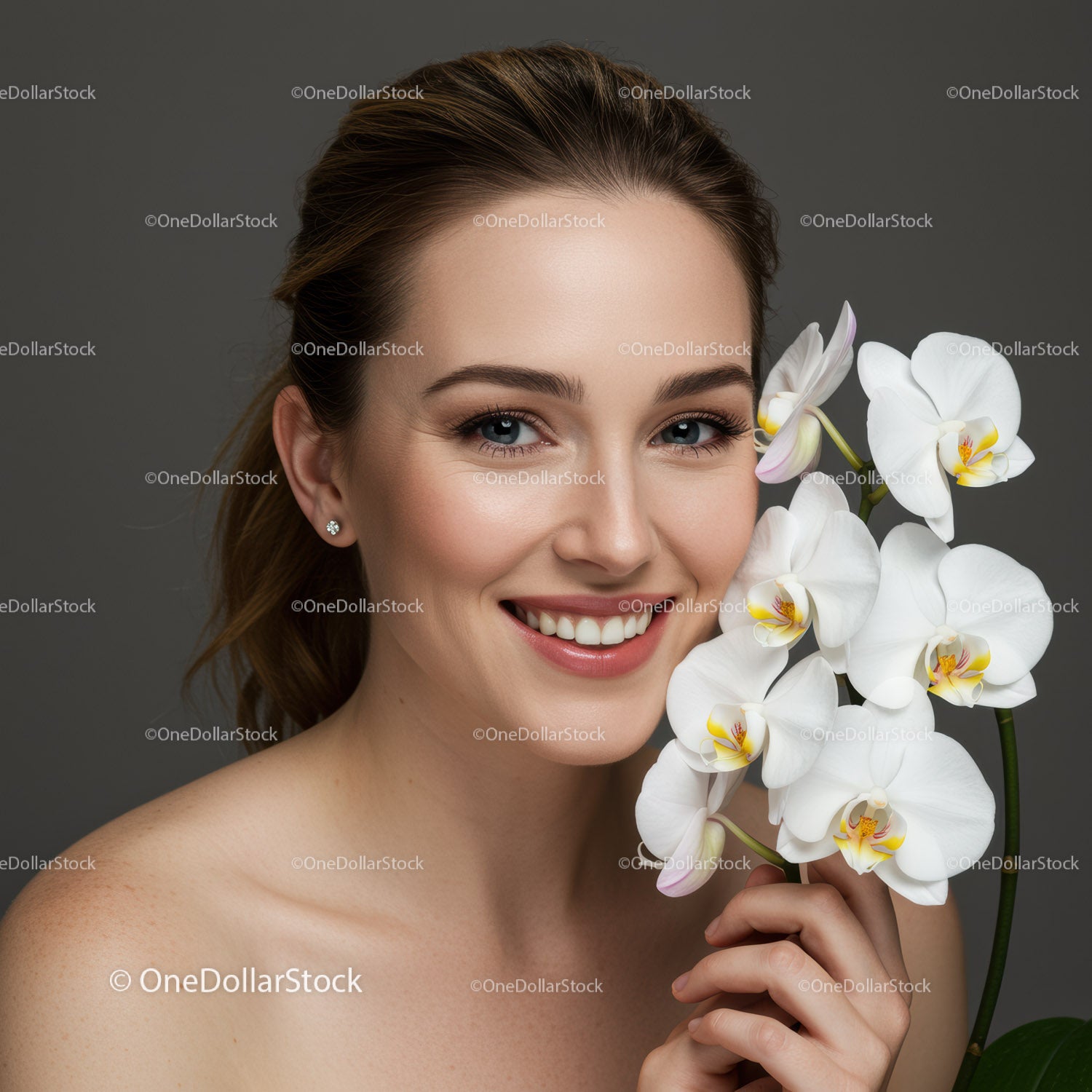 Elegant Woman with White Orchid Flowers and Soft Lighting