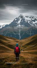 Breathtaking Mountain Landscape with Snow-Capped Peaks and Hiker