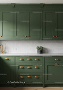 Stylish Green Kitchen Cabinets with Gold Hardware and Marble B backsplash