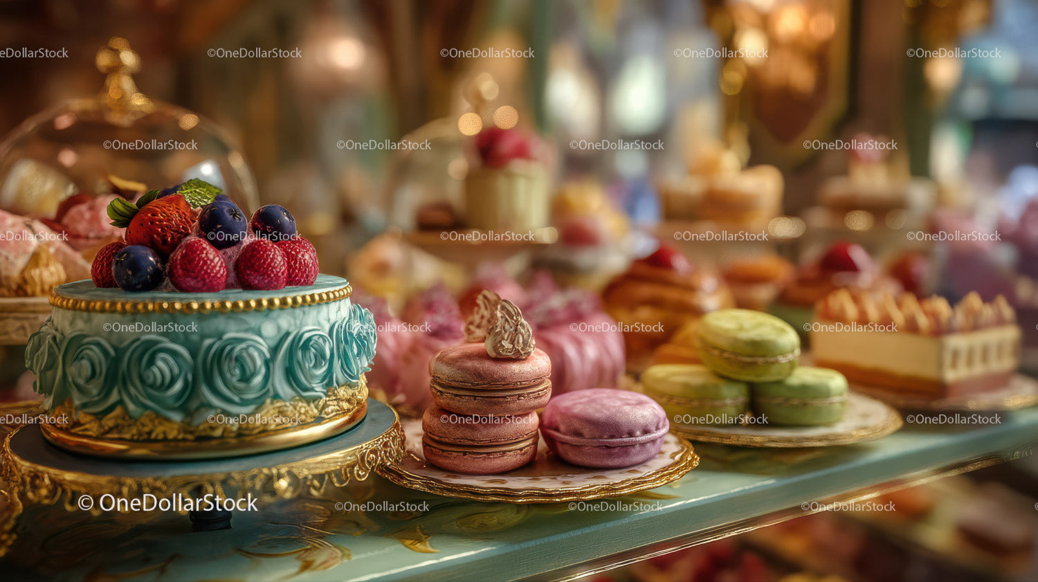 Elegant Dessert Display with Cake Macarons and Fresh Fruits