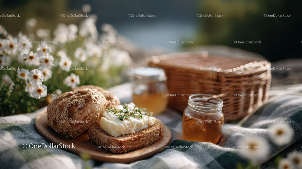 Rustic Picnic with Bread Butter Honey and Daisy Flowers