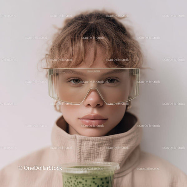 Young girl with curly hair wearing protective goggles and holding bubble tea