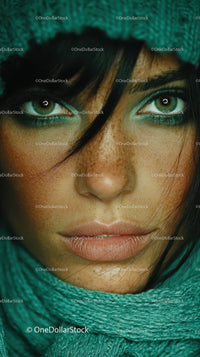 Close-up of a Woman with Green Eyes and Freckles in Artistic Portrait