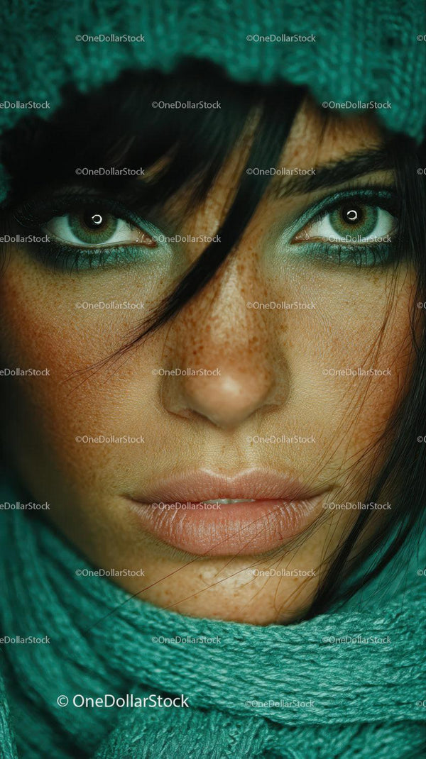 Close-up of a Woman with Green Eyes and Freckles in Artistic Portrait