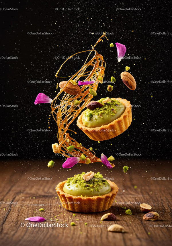 Elegant Pistachio Tartlets with Caramel and Flower Petals
