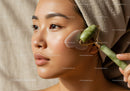 Woman Using Jade Facial Roller for Skin Rejuvenation and Relaxation