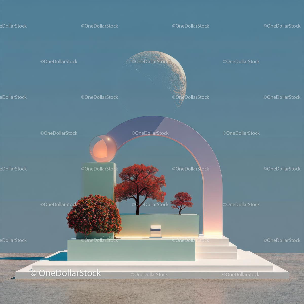 Futuristic Abstract Landscape with Vibrant Red Trees