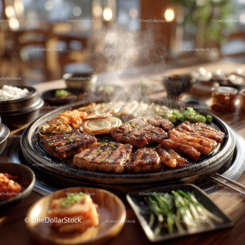 Korean BBQ Grill with Sizzling Ribs and Vegetables