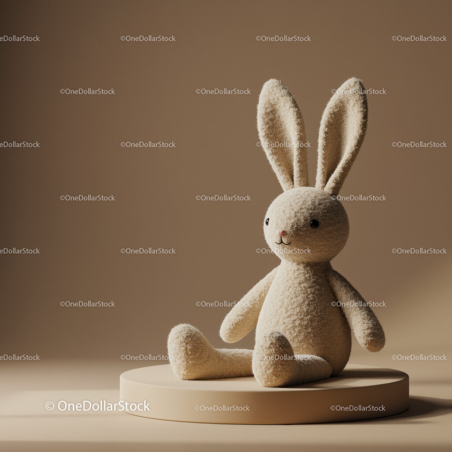Soft beige plush bunny toy sitting on round pedestal