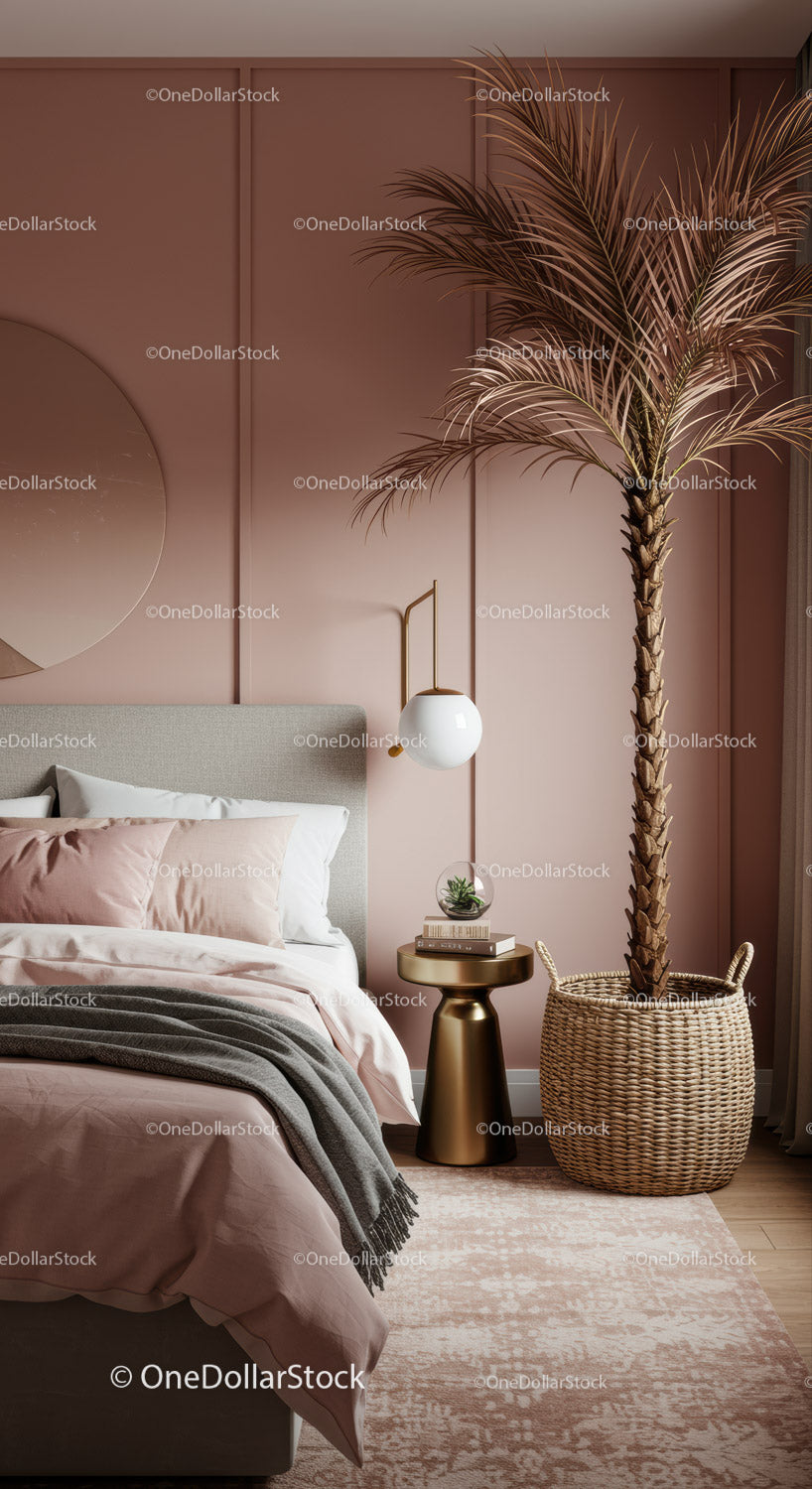 Elegancka sypialnia z różową ścianą i dużą palmą