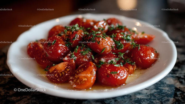 Vibrant Cherry Tomato Salad with Herbs on White Plate
