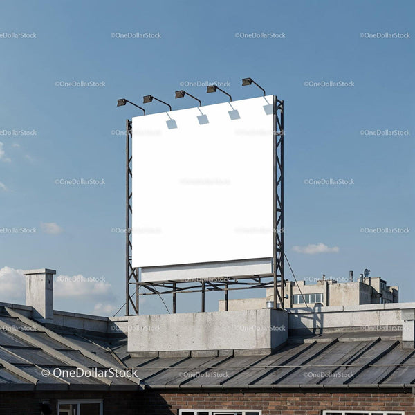Empty Billboard Sign Above Urban Rooftops on Clear Day JPG Mockup Image
