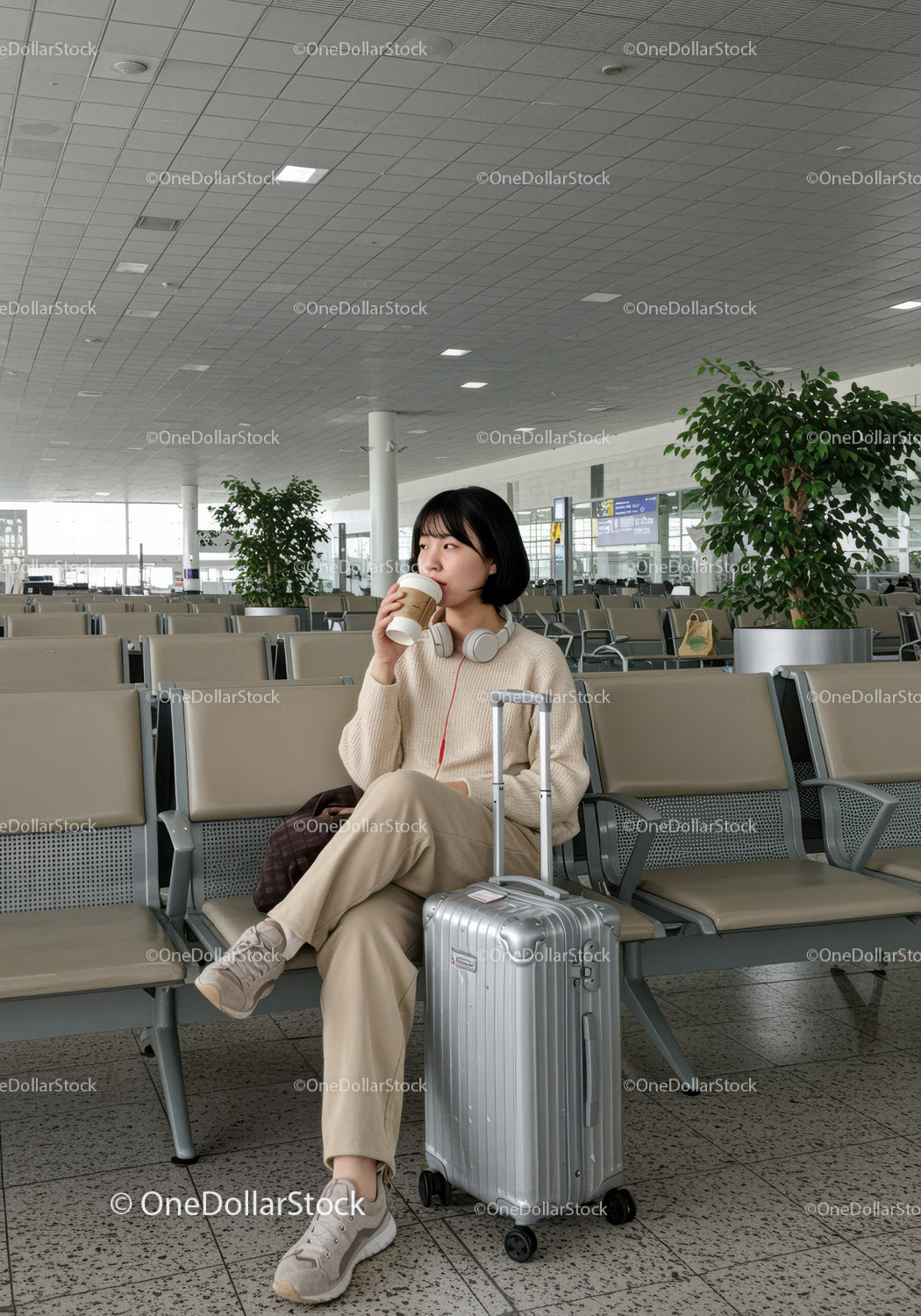 Young Woman Drinking Coffee in Airport Lounge With Luggage