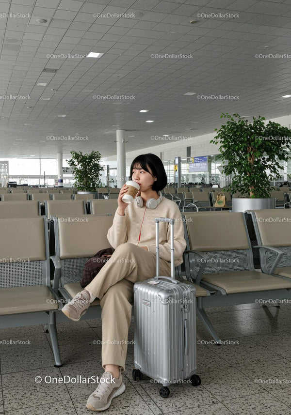 Young Woman Drinking Coffee in Airport Lounge With Luggage