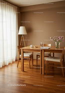 Elegant Dining Room with Wooden Furniture and Pink Flower Vase