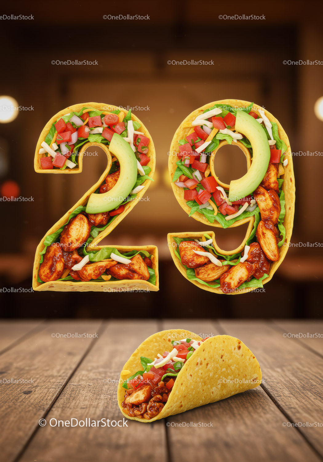 Pyszne tacos w kształcie cyfry dwadzieścia dziewięć na drewnie