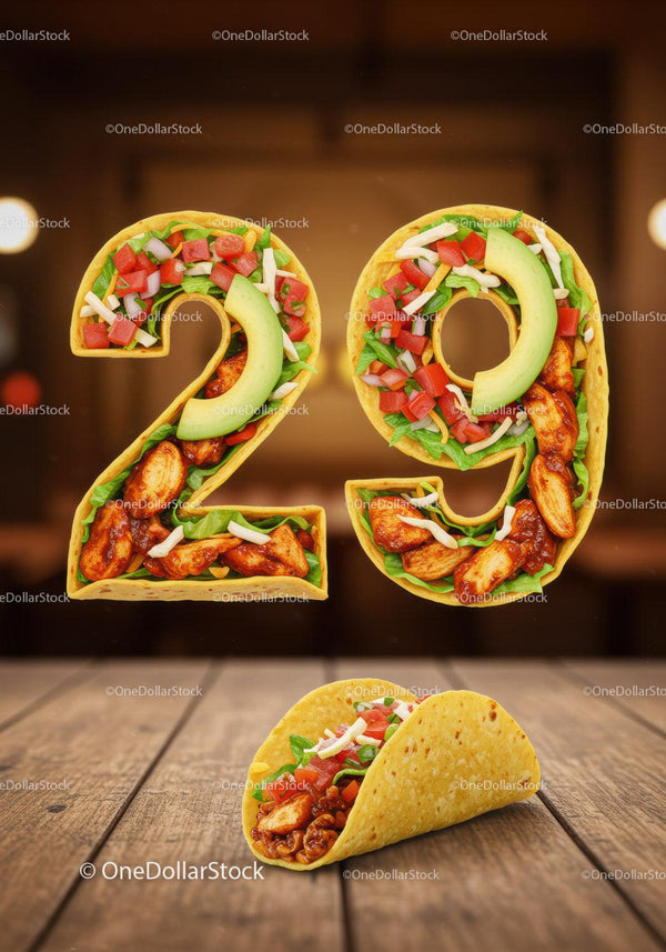 Tasty tacos shaped into number twenty nine on wood