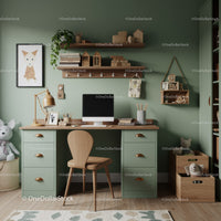 Cozy Kids Bedroom with Green Wall and Wooden Storage Decor