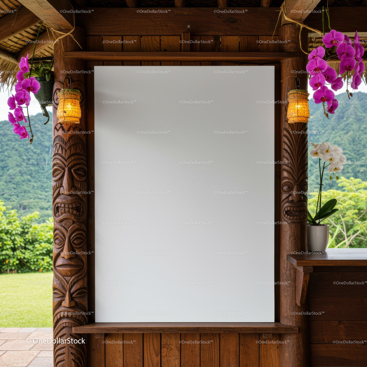 Blank White Board Framed by Carved Tiki Poles and Orchids
