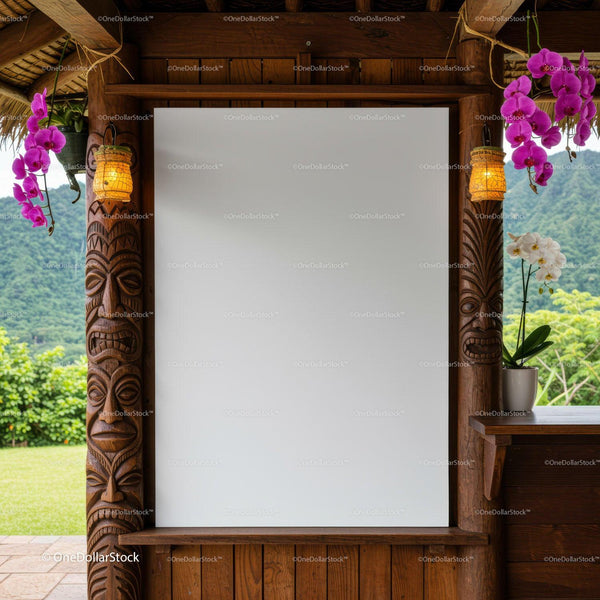 Blank White Board Framed by Carved Tiki Poles and Orchids JPG Mockup Image