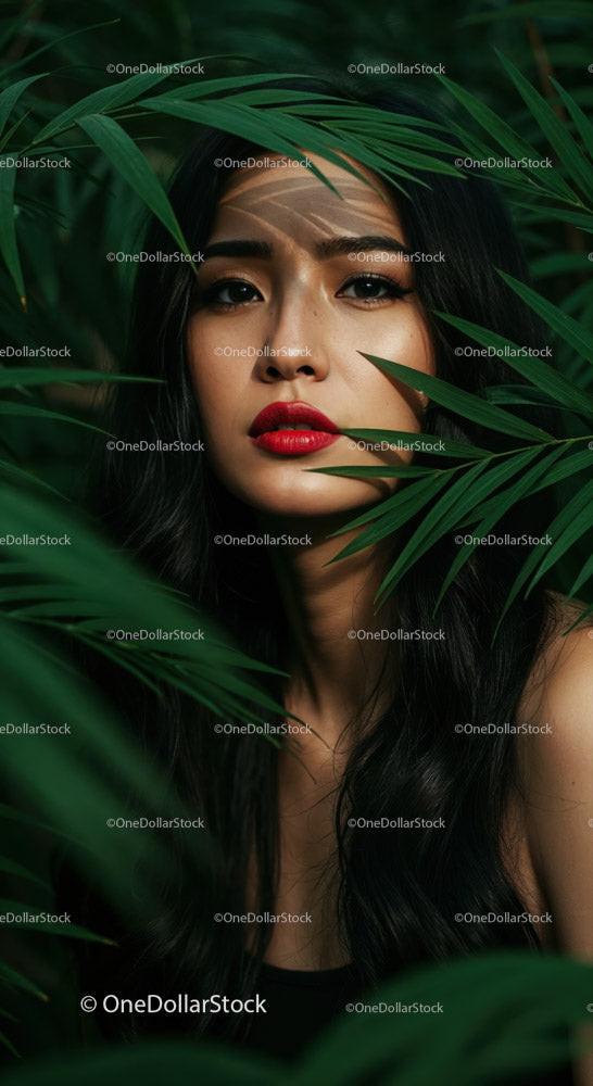 Portrait of Elegant Woman with Long Black Hair Surrounded by Green Tropical Foliage