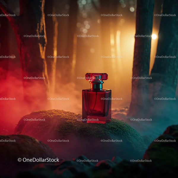 Red Perfume Bottle in Mystical Forest with Atmospheric Lighting JPG Mockup Image