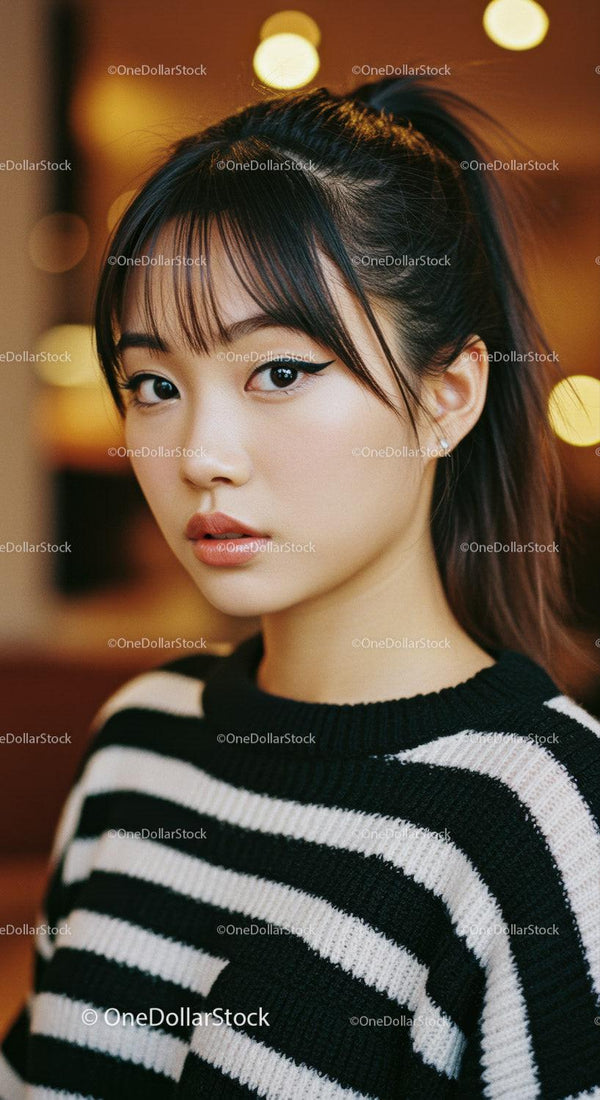 Portrait of a Young Asian Woman with Elegant Makeup in Casual Fashion