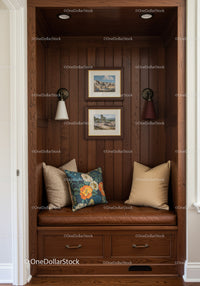 Cozy Reading Nook with Wooden Wall Paneling and Decorative Cushions