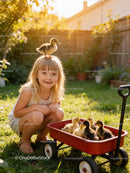 Young girl playing with ducklings in sunny garden