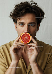 Young Man Holding Juicy Red Grapefruit in Indoor Portrait