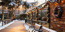Snowy Bench Along Festive Zoo Path at Sunset