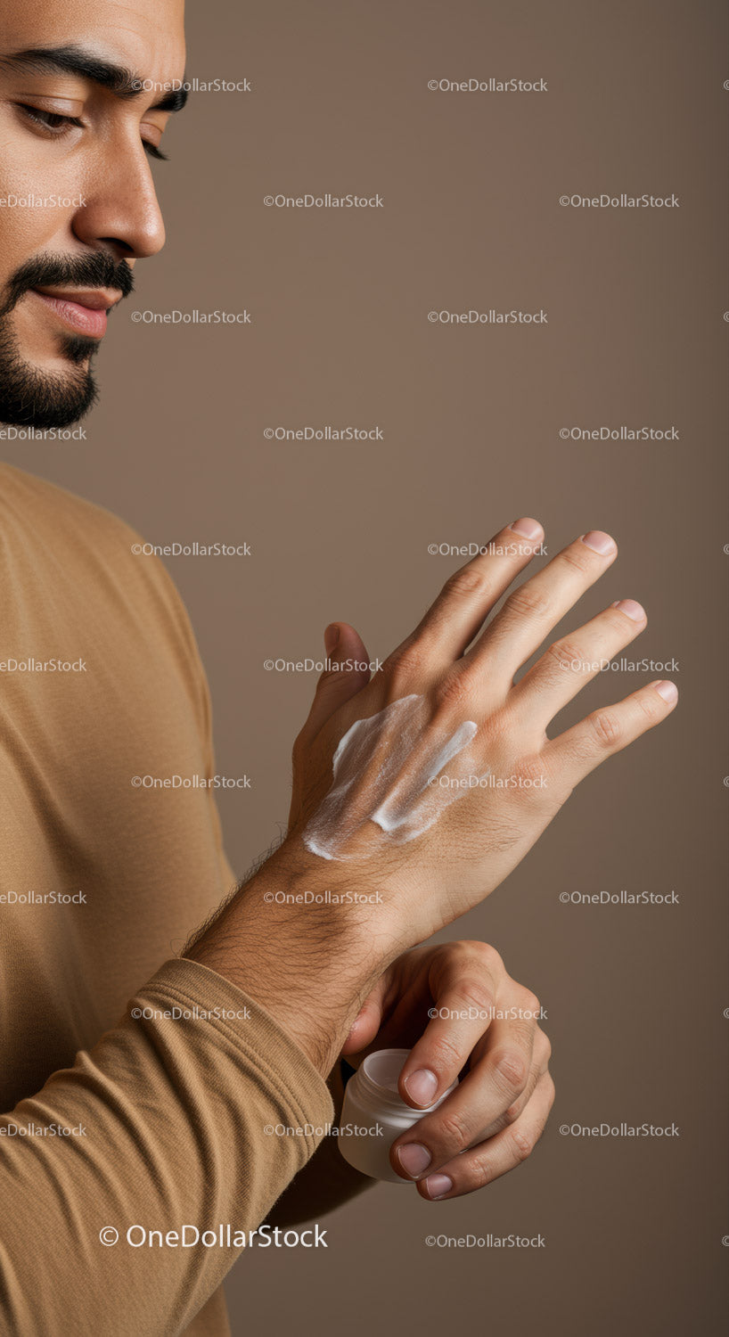 Close-up of Man Applying Lotion to Hand for Skin Care Wellness