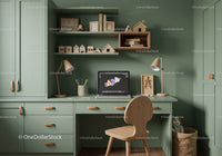 Kids Study Desk with Wooden Chair and Green Wall Interior
