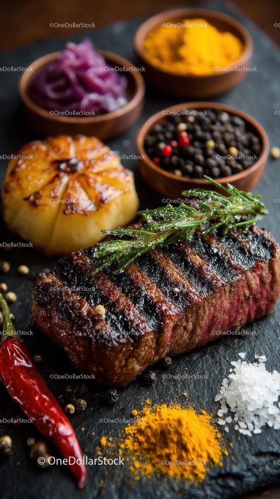 Grilled Steak with Fresh Herbs and Colorful Spices