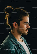 Young man with man bun in thoughtful profile portrait