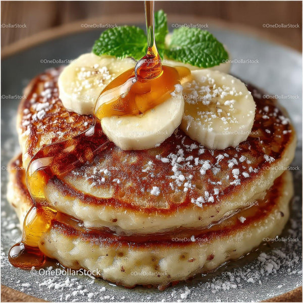 Close-Up of Fluffy Pancakes with Banana Slices and Maple Syrup