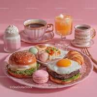 Delicious Breakfast Platter with Eggs Burger Croissant and Cake