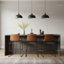 Elegant Modern Kitchen with Three Pendant Lamps and Brown Bar Stools