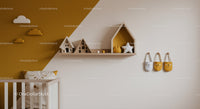 Cute Kids Nursery with Cloud Wall Art Wooden House Shelf and Animal Decor