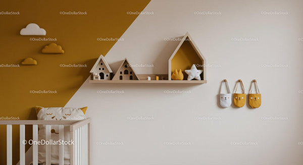 Cute Kids Nursery with Cloud Wall Art Wooden House Shelf and Animal Decor