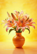 Pink Lily Bouquet in Elegant White Vase with Bright Yellow Background